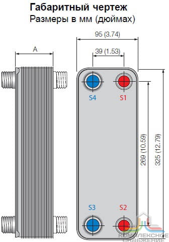 Габаритный чертеж паяного теплообменника Alfa Laval ACH30EQ